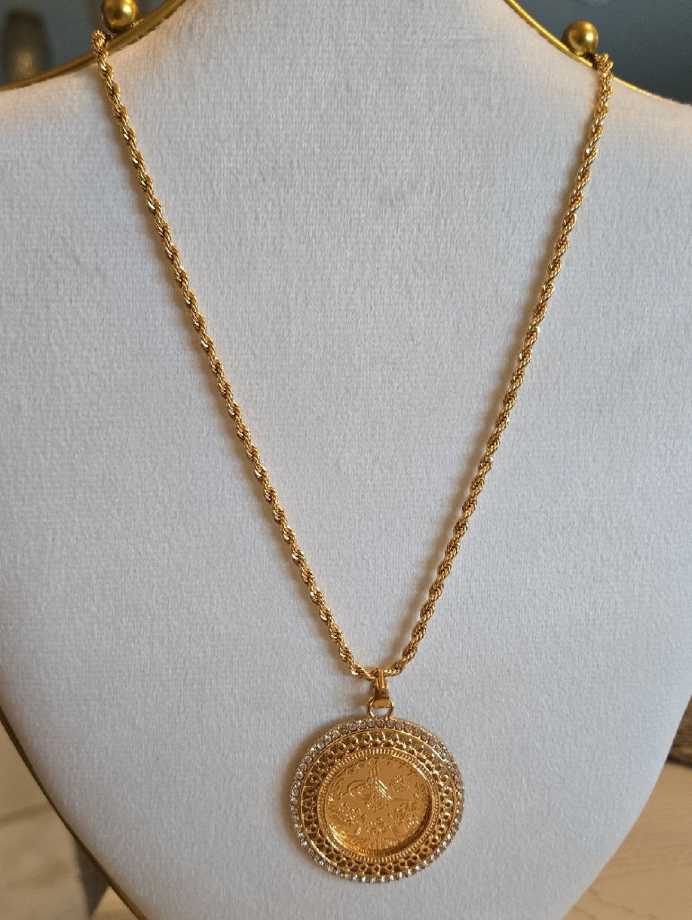 Gold Coin pendant On Twisted Rope Chain with Filagree Details & crystals